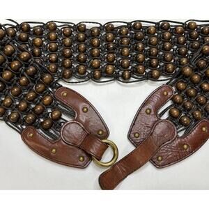 Vintage ANNE KLEIN 4" Wide WOODEN BEAD LEATHER STATEMENT BELT M 38” BROWN Boho